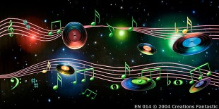 Musical notes and vinyl records flow along colorful staves against a starry background.