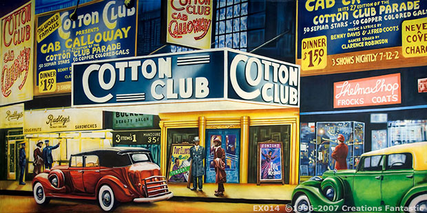 A vibrant city street scene featuring retro cars and people outside the nightclub Cotton Club, surrounded by colorful neon signs advertising various entertainments and shops.