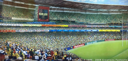 A football stadium packed with fans, surrounded by colorful advertising banners, creates a vibrant scene. A large scoreboard is visible on the left side of the image, with a scenic backdrop adding to the atmosphere.