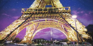 A night view of the Eiffel Tower, the iconic landmark of Paris, lit up with lights. Pedestrians and vehicles gather at its base, set against a starry purple sky.