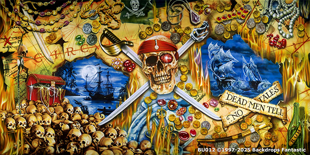 Pirate-themed collage with a skull wearing a red bandana, crossed swords, treasure, gold coins, maps, ships, skull piles, and a “Dead Men Tell No Tales” sign.
