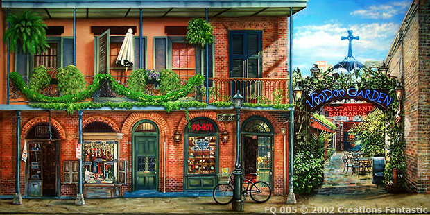 Image of a vibrant street scene in New Orleans' French Quarter featuring a colorful brick building with a restaurant named "Voo Doo Garden" and lush greenery. The building has a balcony adorned with plants and an adjacent alleyway leading inside.