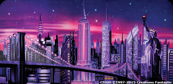 A vibrant, stylized cityscape of New York at twilight, showcasing iconic landmarks like the Brooklyn Bridge, the Statue of Liberty, and prominent skyscrapers.