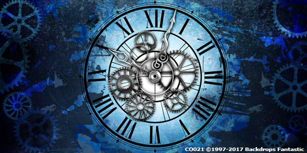 Steam Punk time backdrop with tones of blue and polished silver ornate clock cogs with roman numeral letters