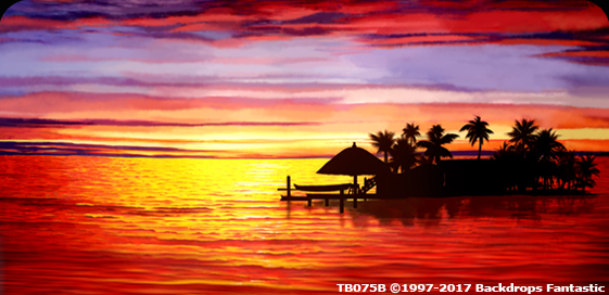 Tropical Sunset Cruise backdrops is a party drop that shows a view of a warm sunset against a tropical resort with the gentle ocean in the foreground