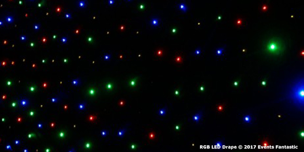 A dark backdrop with scattered RGB LED lights in various colors, including red, green, and blue, reminiscent of star drapes. Text at the bottom reads "RGB LED Drape © 2017 Events Fantastic.