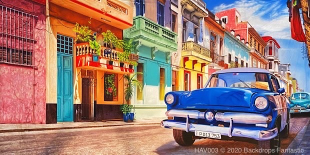 Havana 3 theme backdrop in Cuba with a Blue Classic Car