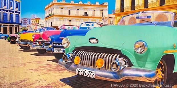 Havana 5 theme backdrop with various colourful classic cars