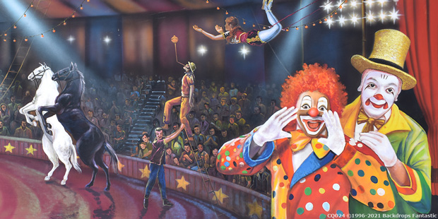 A circus scene with acrobats swinging on trapezes, horseback riders performing stunts, and two clowns in colorful outfits entertaining the audience unfolds against a vibrant theme backdrop.