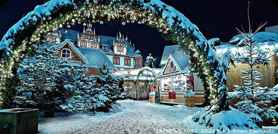 Christmas Markets Germany Stylised scene of snow covered christmas arch at night
