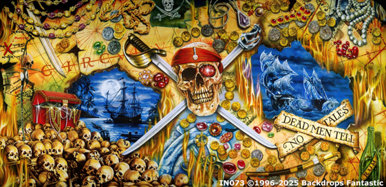 Colorful pirate-themed illustration featuring a skull with a red bandana, crossed swords, gold coins, treasure, pirate ships, and the phrase "Dead Men Tell No Tales.
