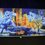 A woman adjusts a scenic backdrop featuring a snowy winter scene with illuminated trees and a city skyline in the background.