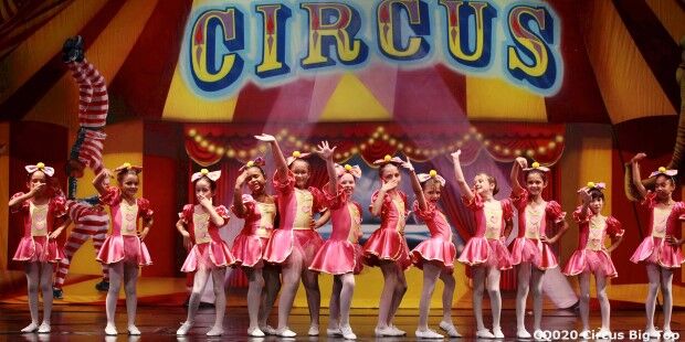 A group of young performers in matching pink costumes pose on stage under a large "Circus" sign, their graceful dance moves capturing the spotlight.